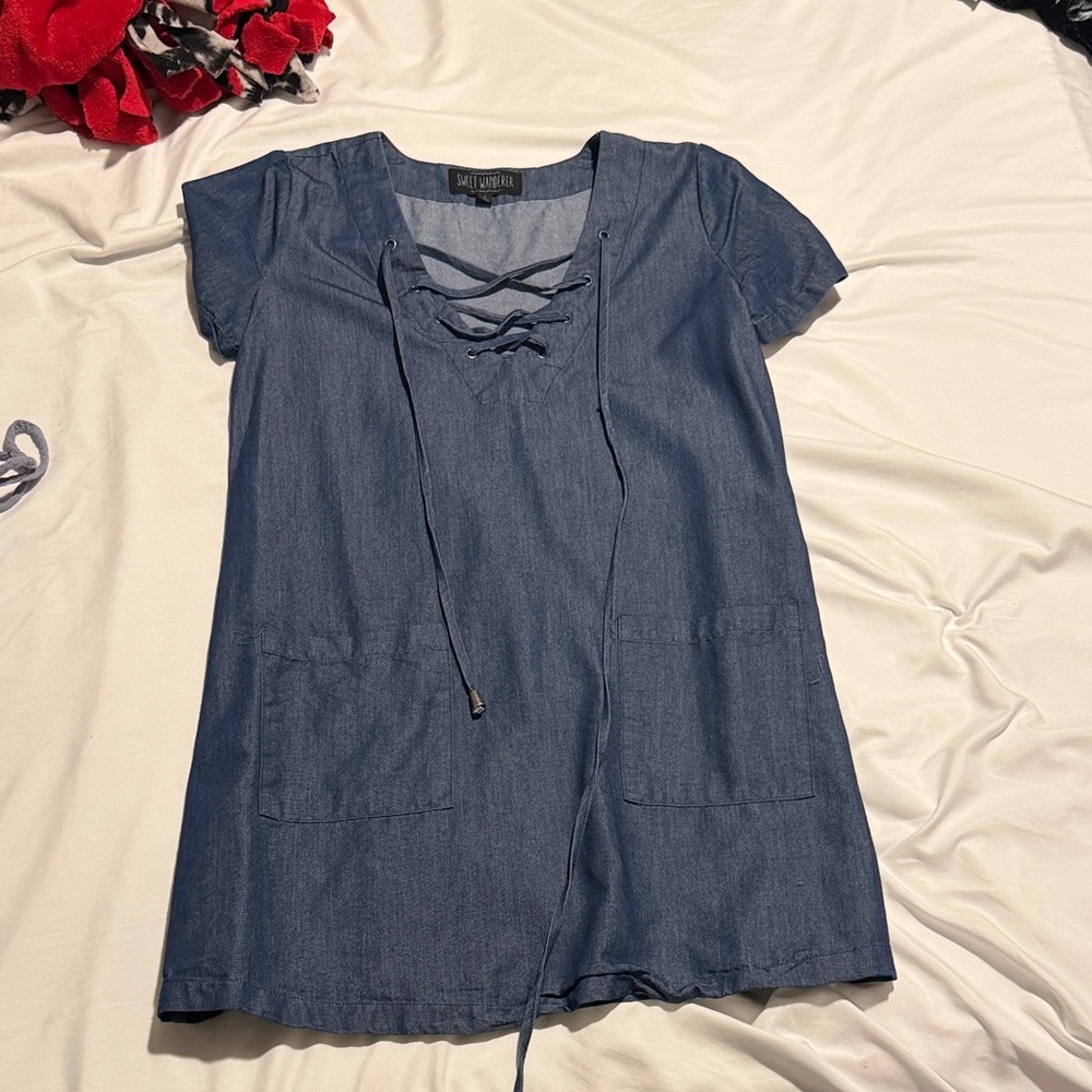 Sweet Wanderer Denim Lace-Up Blouse